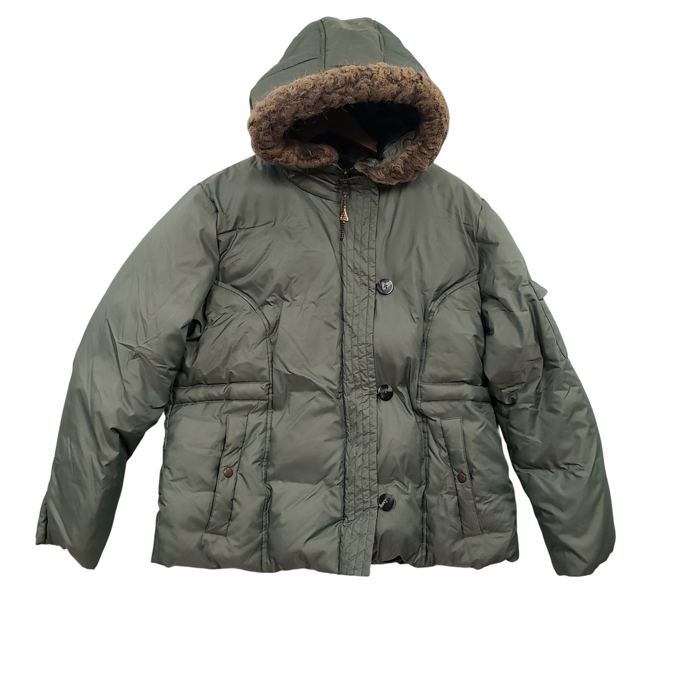 Y2K Fashion Bug Womens Olive Green Down‎ Puffer Jacket Faux Fur Trim Hood 14/16W